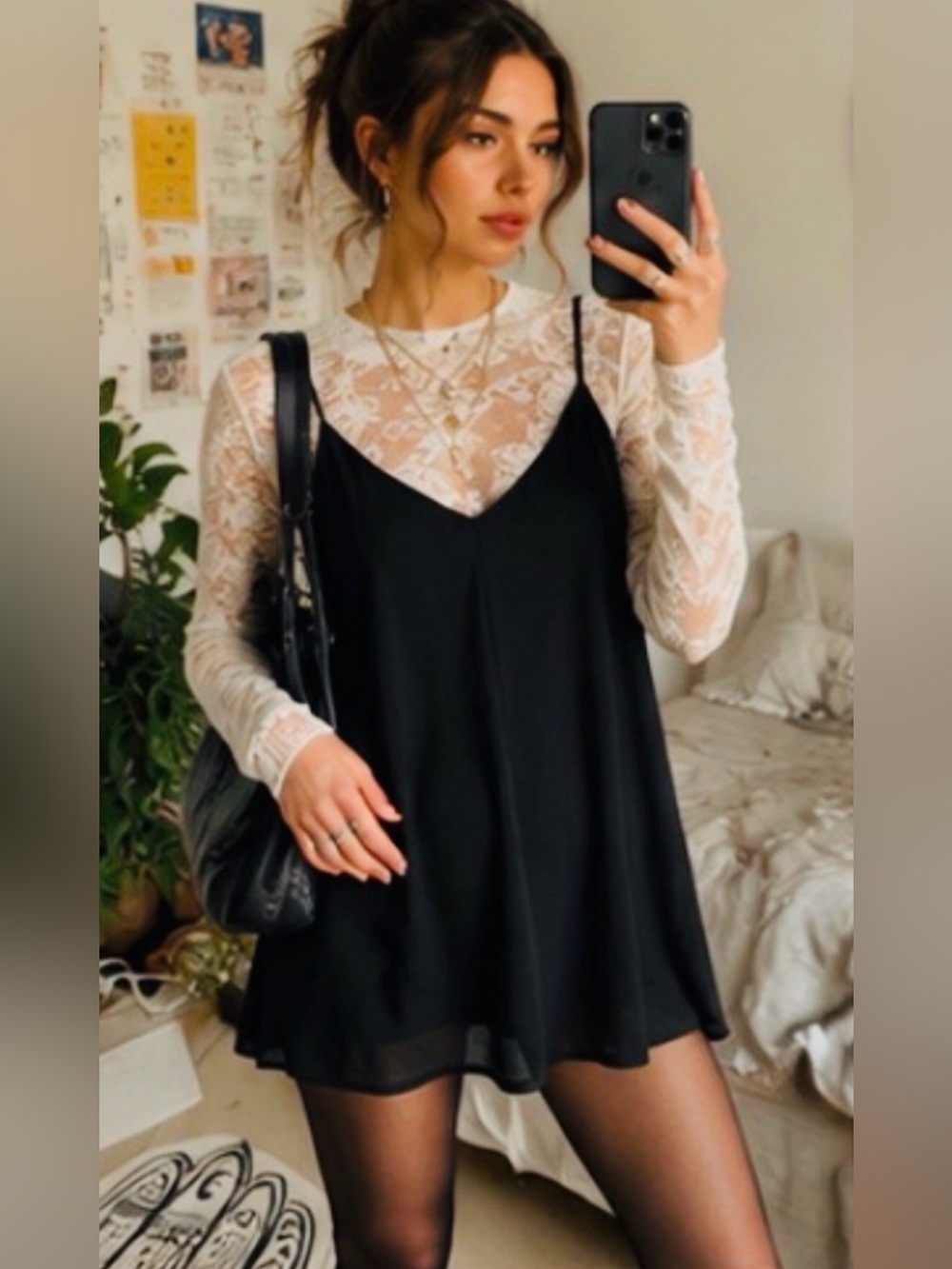 Brandy Melville Black V-Neck Slip Cami Dress with Thin Straps